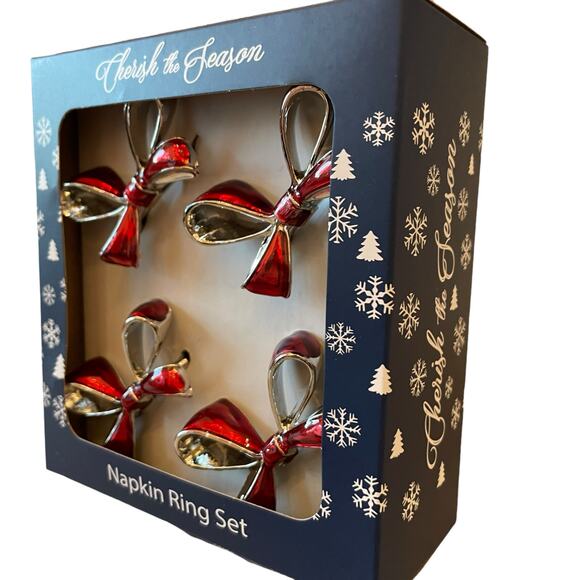 Christmas RED BOW Napkin Rings Set of 4 Silver Holiday Glam Cherish the Season - Picture 2 of 7